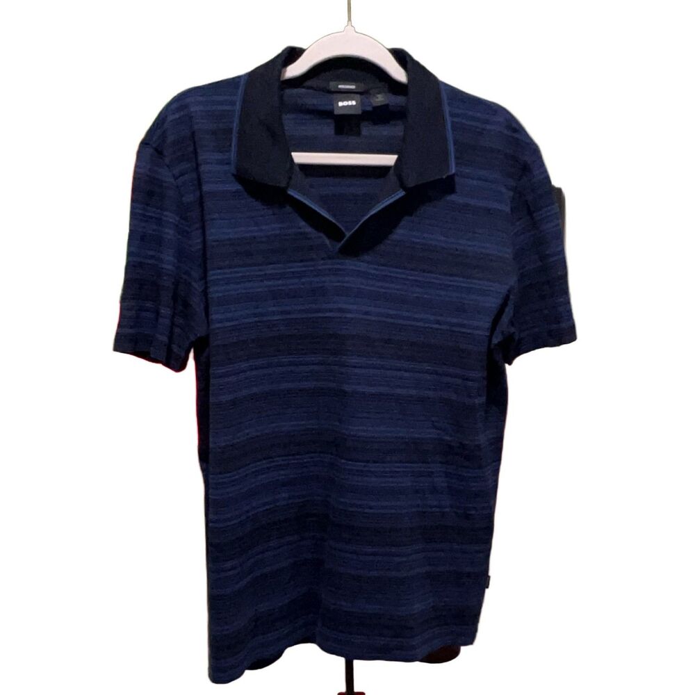 BOSS Striped Polo Shirt Men's L Blue Black Cotton Short Sleeve Collared